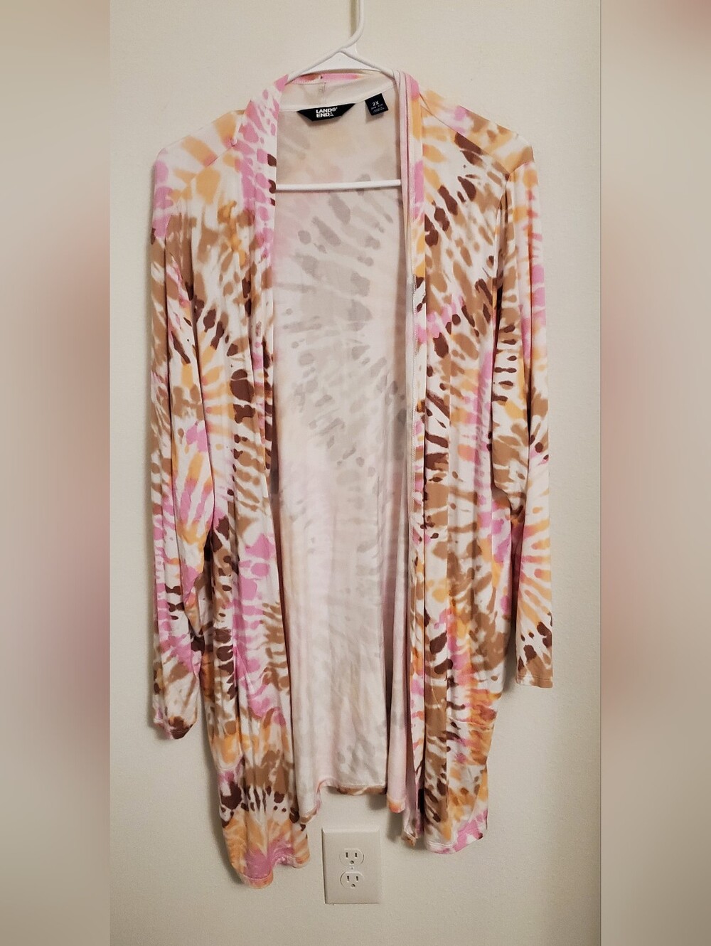 Lands' End Pink, Tan & Cream Tie-Dye Open Cardigan Size 2X Soft Travel Vacation